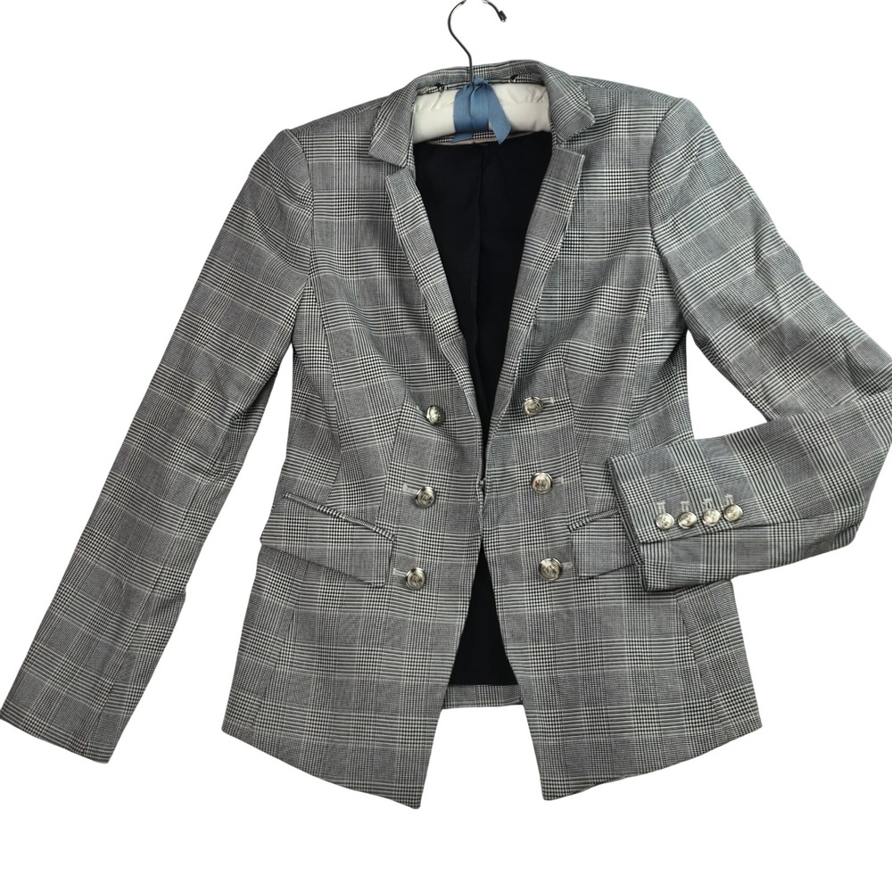 Womens Glen Plaid Double Breasted Blazer Silver Crest Button Jacket Black White